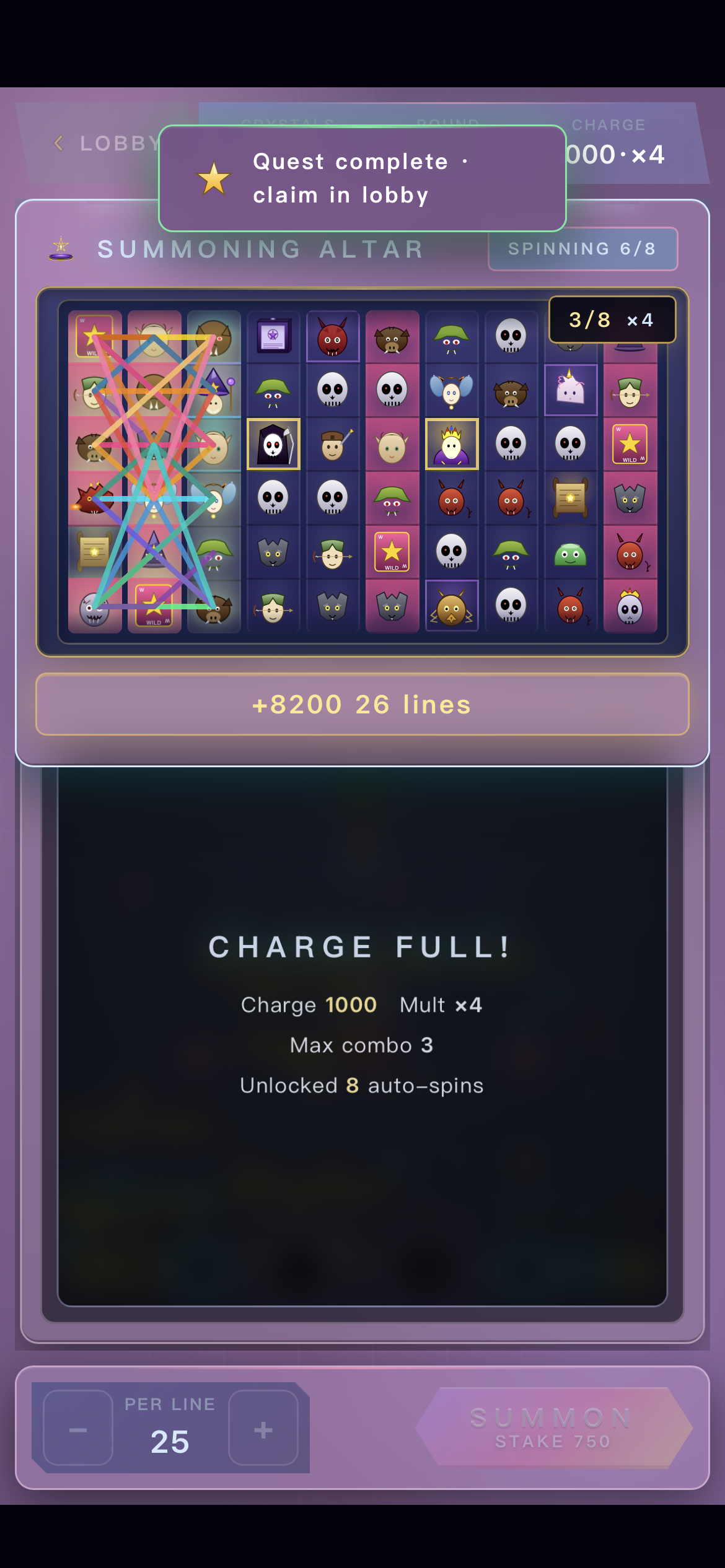 Dungeon Gacha quest complete screen with many connected reward lines